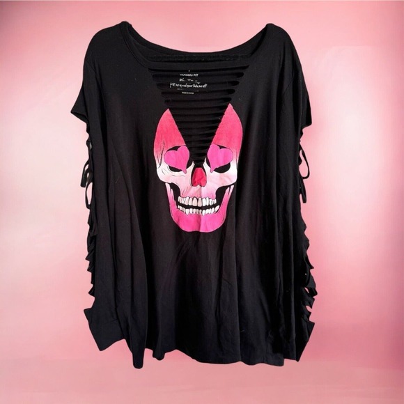 SOLD - Torrid Tee Sz 2 2X 18 20 Love Skull Black Slash Long Sleeve Black Pink - Picture 6 of 9